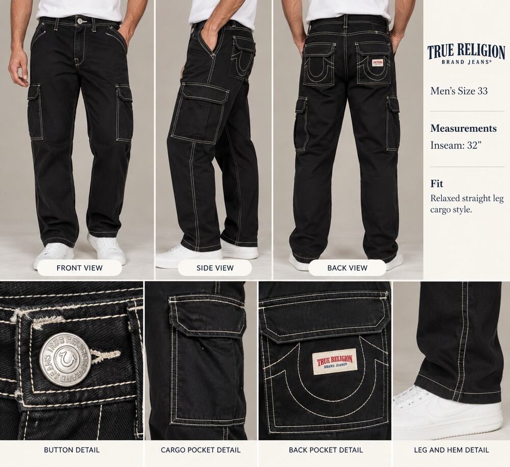 True Religion Mens 33 Black Cargo Pants Y2K Streetwear Contrast Stitch 32 Inseam